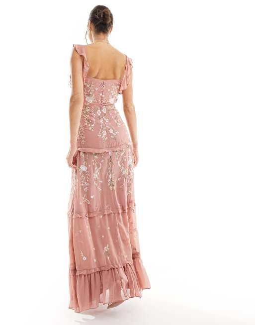 Maya puff sleeve embroidered maxi dress in caramel and pink