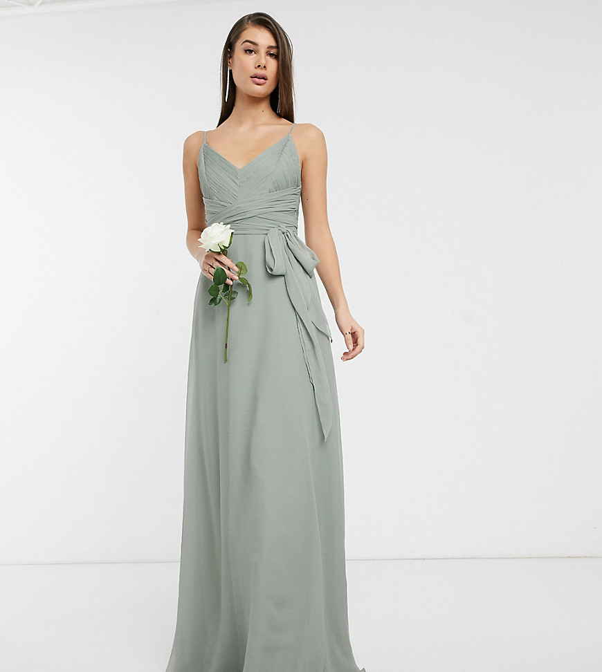 ASOS DESIGN Tall Bridesmaid cami maxi dress with ruched bodice and tie waist-Green
