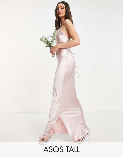 ASOS DESIGN Tall Bridesmaid cami maxi slip dress in high-shine satin with  lace-up back in blush