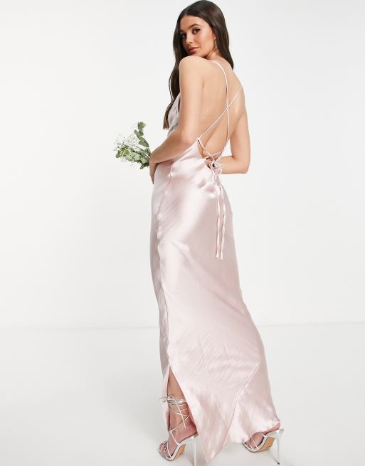 ASOS DESIGN Tall Bridesmaid cami maxi slip dress in high-shine satin with  lace-up back in blush