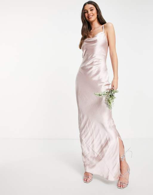 ASOS DESIGN Tall Bridesmaid cami maxi slip dress in high-shine satin with  lace-up back in blush