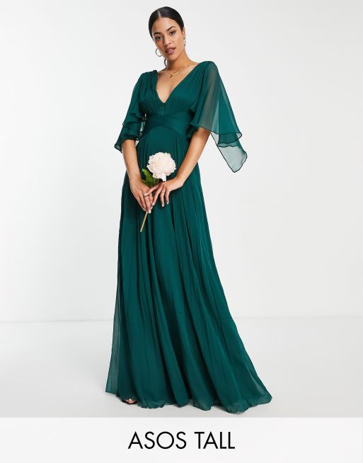 ASOS DESIGN Tall – Bridesmaid – Ciemnozielona drapowana sukienka maxi z marszczoną górą i kopertową talią