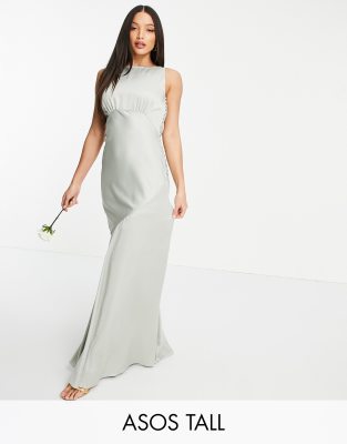 ASOS DESIGN Tall Bridesmaid cowl back satin maxi dress with button side detail-Green