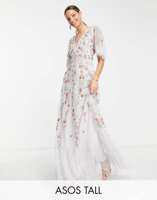 Asos Tall Asos Design Tall Bridesmaid Floral Embroidered Flutter Sleeve Maxi Dress With Embellishment In Soft  In Blue