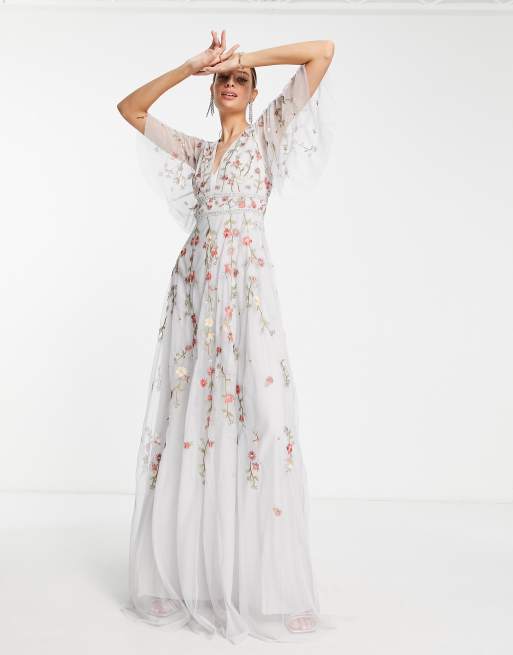 ASOS DESIGN Tall Bridesmaid floral embroidered flutter sleeve maxi dress with embellishment in soft blue