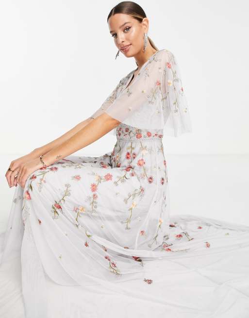 ASOS DESIGN Tall Bridesmaid floral embroidered flutter sleeve maxi dress  with embellishment in soft blue