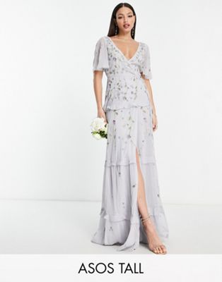 ASOS DESIGN Tall Bridesmaid flutter sleeve embellished wrap maxi dress with embroidery in  light blue
