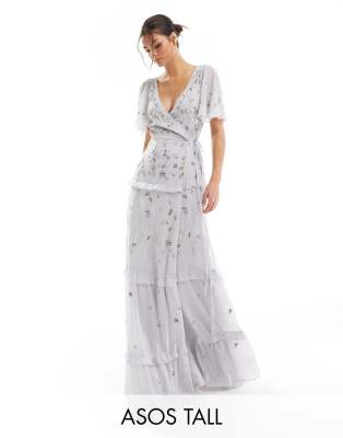 ASOS DESIGN Tall Bridesmaid flutter sleeve embellished wrap maxi dress ...