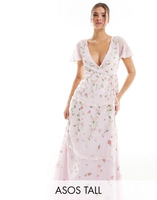 ASOS DESIGN Tall Bridesmaid flutter sleeve embellished wrap maxi dress with embroidery in light pink
