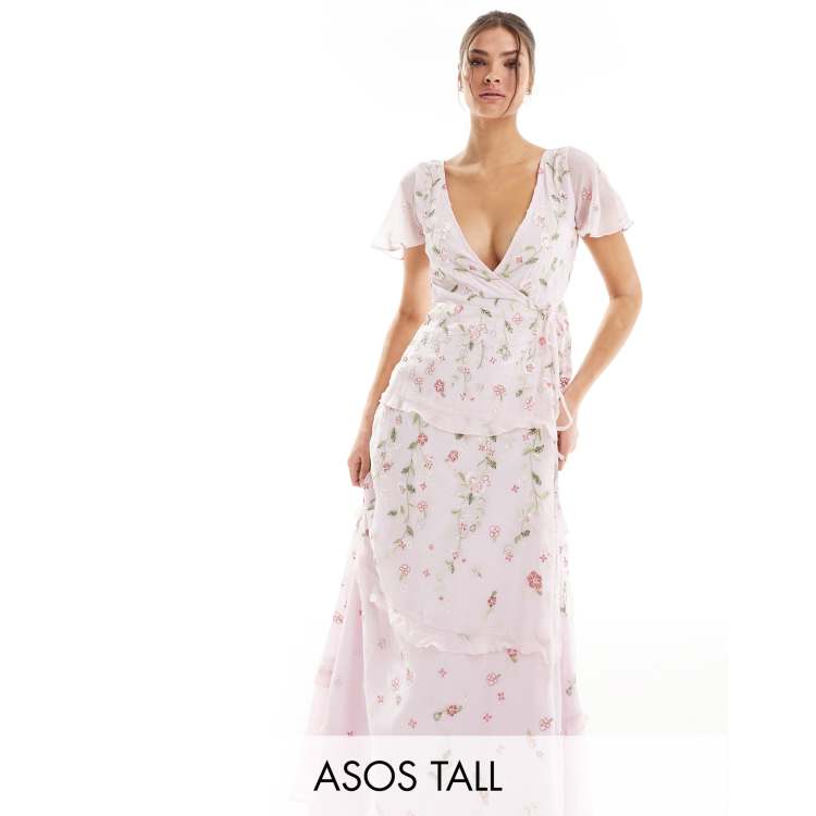 ASOS DESIGN Tall Bridesmaid flutter sleeve embellished wrap maxi dress with embroidery in light pink ASOS