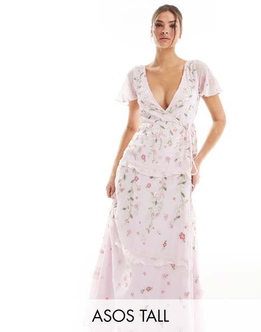 ASOS DESIGN Tall Bridesmaid flutter sleeve embellished wrap maxi dress with  embroidery in light pink