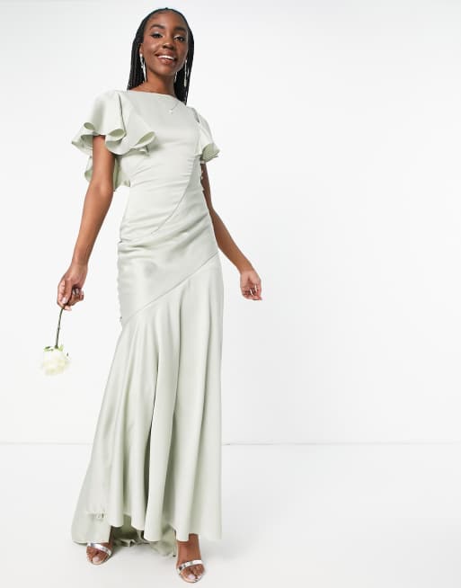 ASOS DESIGN Tall Bridesmaid flutter sleeve satin maxi dress with button  side detail