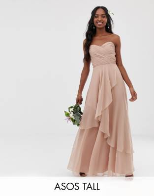 asos design bridesmaid maxi bandeau dress with soft layered skirt