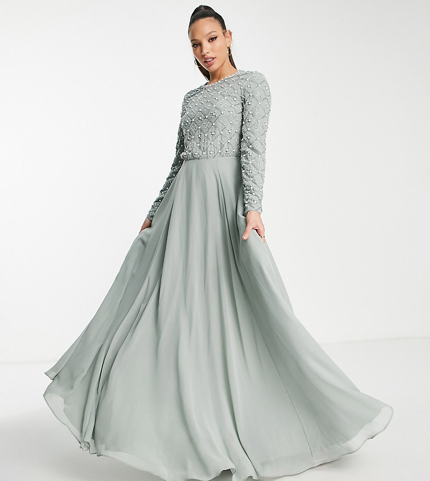 ASOS DESIGN Tall Bridesmaid maxi dress with long sleeve in pearl and beaded embellishment in olive-G