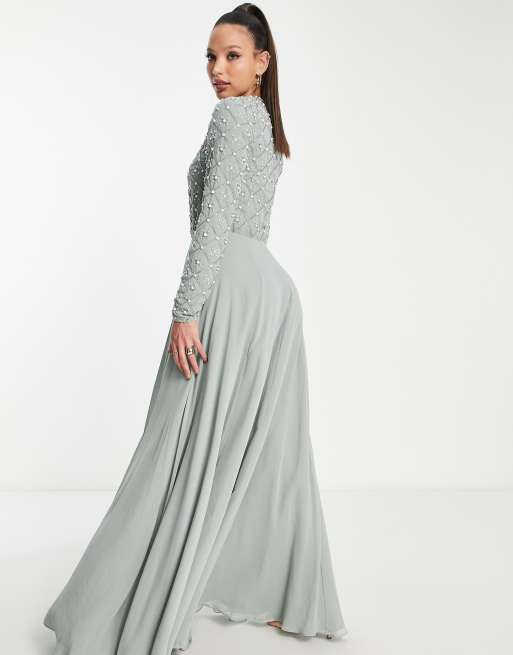 ASOS DESIGN Tall Bridesmaid maxi dress with long sleeve in pearl and beaded embellishment in olive