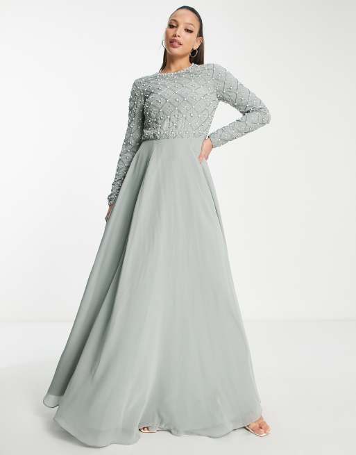 ASOS DESIGN Bridesmaid pearl embellished long sleeve maxi dress