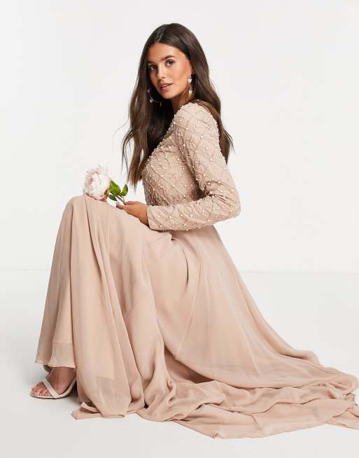 ASOS DESIGN Tall Bridesmaid maxi dress with long sleeve in pearl and beaded embellishment with tulle skirt