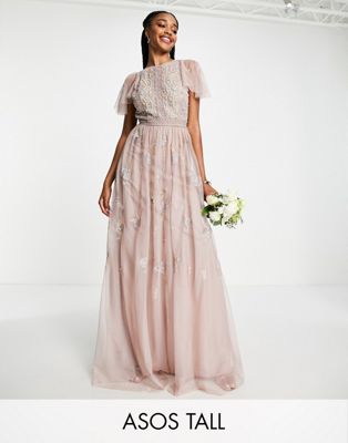 ASOS DESIGN Tall Bridesmaid pearl embellished flutter sleeve maxi dress with floral embroidery in rose - ASOS Price Checker