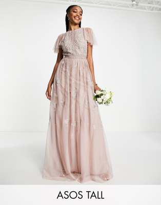 ASOS DESIGN Tall Bridesmaid pearl embellished flutter sleeve maxi dress with floral embroidery in rose - ASOS Price Checker