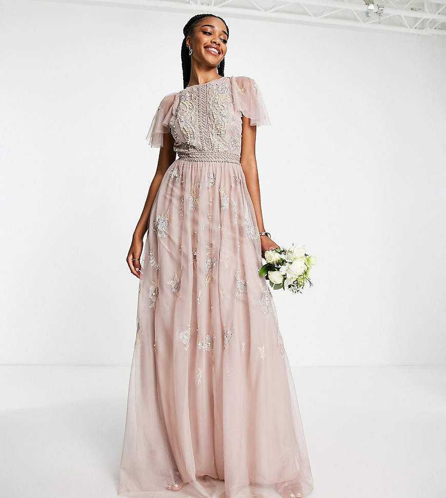 Asos Tall Asos Design Tall Bridesmaid Pearl Embellished Flutter Sleeve Maxi Dress With Floral Embroidery In Ro In Pink