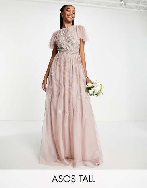 ASOS DESIGN Tall Bridesmaid pearl embellished flutter sleeve maxi