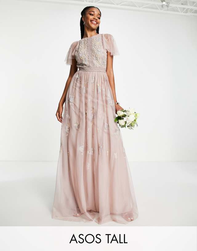 ASOS DESIGN Tall Bridesmaid pearl embellished flutter sleeve maxi dress with floral embroidery in rose