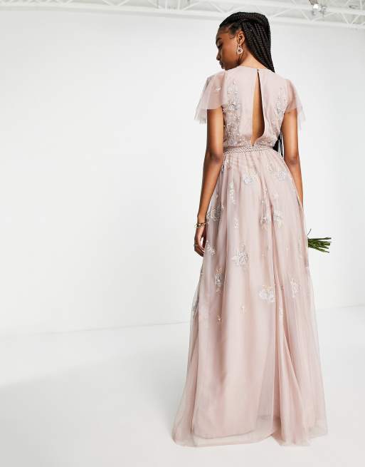 ASOS DESIGN Tall Bridesmaid pearl embellished flutter sleeve maxi dress with floral embroidery in rose