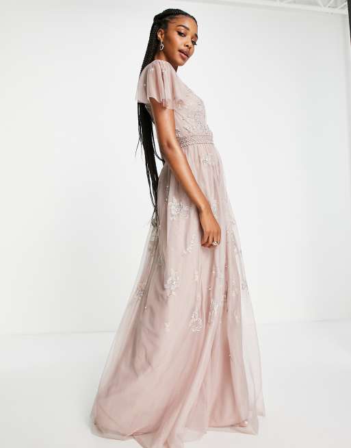 ASOS DESIGN Tall Bridesmaid pearl embellished flutter sleeve maxi dress with floral embroidery in rose