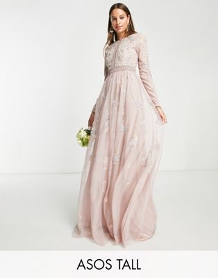 ASOS DESIGN Tall Bridesmaid pearl embellished long sleeve maxi dress with floral embroidery in rose