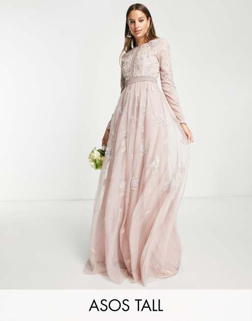 Asos Design Tall Bridesmaid Pearl Embellished Long Sleeve Maxi Dress With Floral Embroidery In 