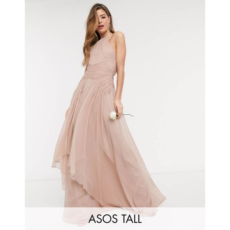 asos design bridesmaid pinny maxi dress with ruched bodice Tall and layered skirt detail BLUE PARTY DRESS