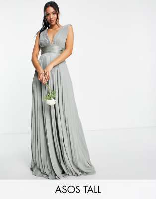 ASOS DESIGN Tall Bridesmaid pleated cami maxi dress with satin wrap waist-Green