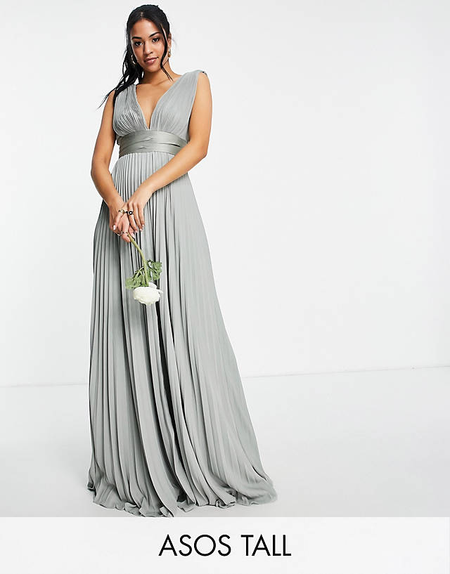ASOS DESIGN Tall Bridesmaid pleated cami maxi dress with satin wrap waist