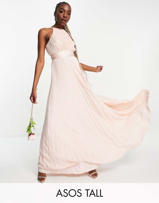 ASOS DESIGN Tall Bridesmaid pleated pinny maxi dress with satin