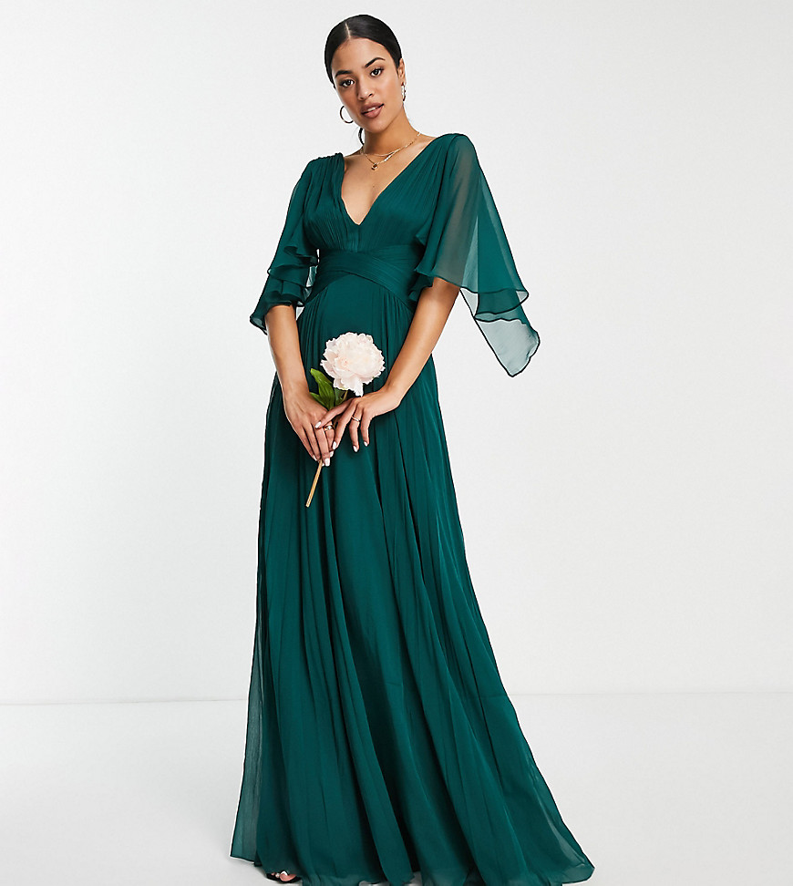 ASOS DESIGN Tall Bridesmaid ruched bodice drape maxi dress with wrap waist in forest green
