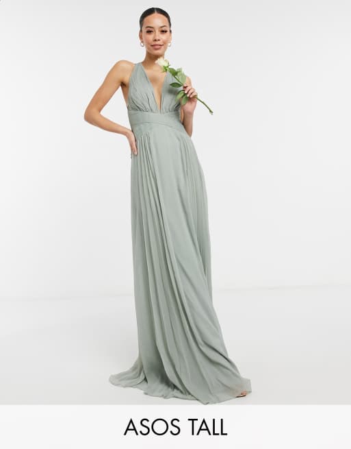 Asos Design Tall Bridesmaid Ruched Bodice Drape Maxi Dress With Wrap Waist In Olive Asos