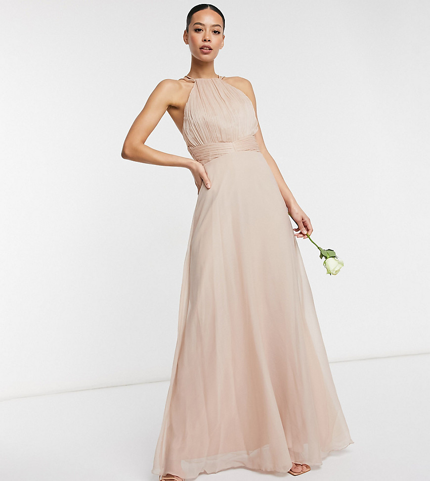 ASOS DESIGN Tall Bridesmaid ruched pinny maxi dress with tie waist detail in Blush-Pink
