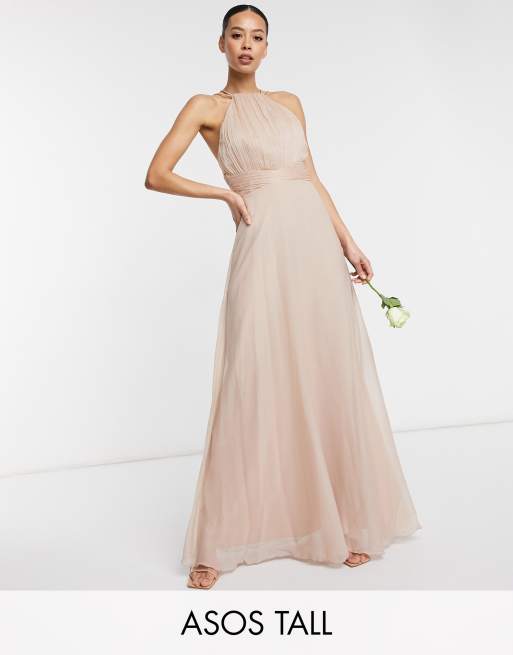 ASOS DESIGN Tall Bridesmaid ruched pinny maxi dress with tie waist detail in Blush