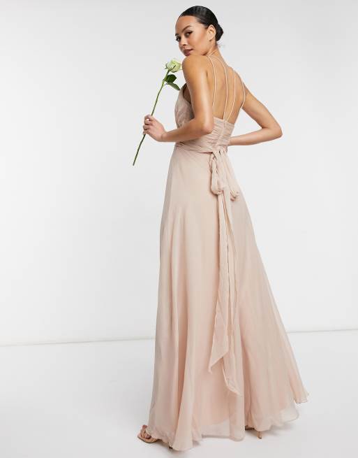 ASOS DESIGN Tall Bridesmaid ruched pinny maxi dress with tie waist detail in Blush