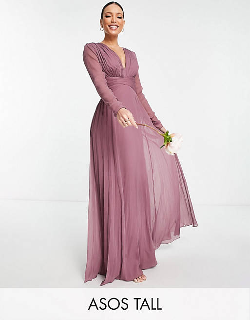 Dresses Tall Bridesmaid ruched waist maxi dress with long sleeves and pleat skirt in Mauve 