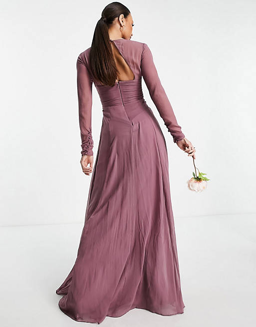 Dresses Tall Bridesmaid ruched waist maxi dress with long sleeves and pleat skirt in Mauve 