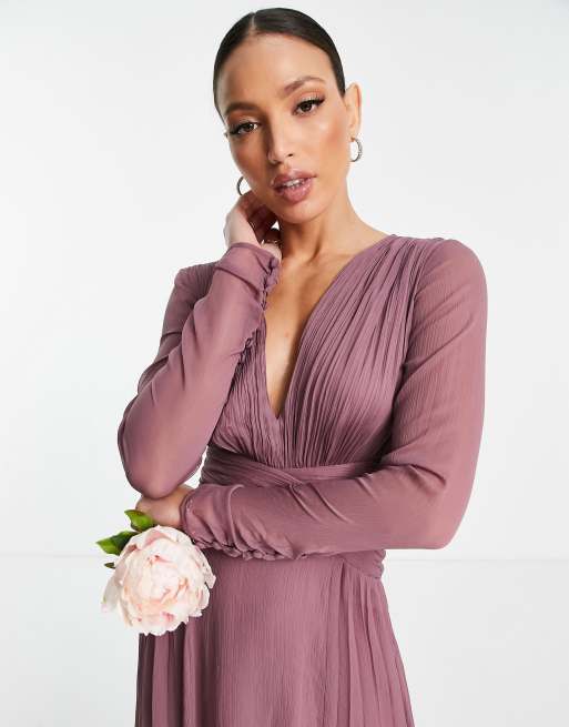 ASOS DESIGN Tall Bridesmaid ruched waist maxi dress with long sleeves and  pleat skirt in Mauve