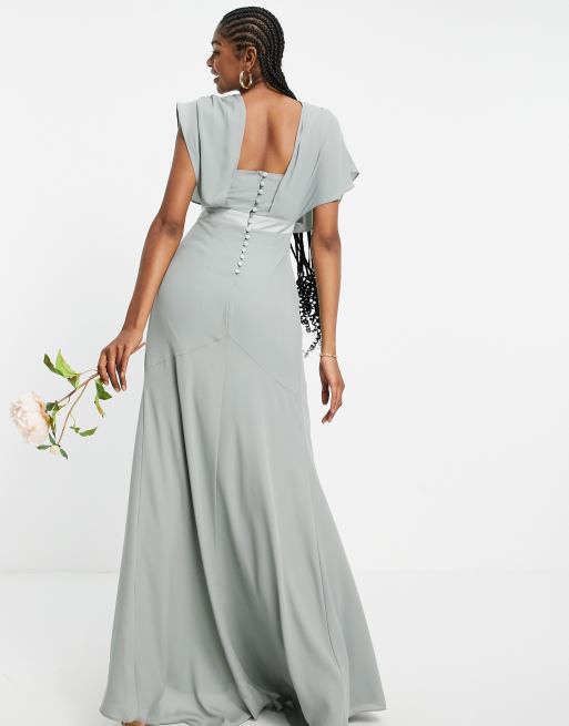 ASOS DESIGN Tall Bridesmaid short sleeve cowl front maxi dress with button back detail in olive, 2 of 4