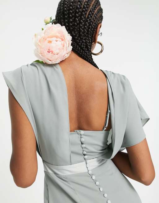 ASOS DESIGN Tall Bridesmaid short sleeve cowl front maxi dress with button back detail in olive, 3 of 4