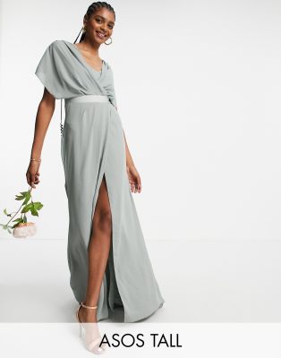 ASOS DESIGN Tall Bridesmaid short sleeved cowl front maxi dress with button  back detail in olive | ASOS