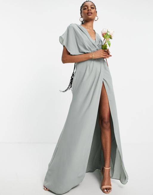 ASOS DESIGN Tall Bridesmaid short sleeved cowl front maxi dress with button back detail in olive