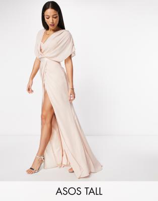 ASOS DESIGN Tall Bridesmaid short sleeved cowl front maxi dress with button back detail-Pink