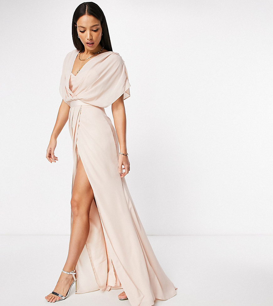 Product photo of Asos design tall bridesmaid short sleeved cowl front maxi dress with button back detail - pink