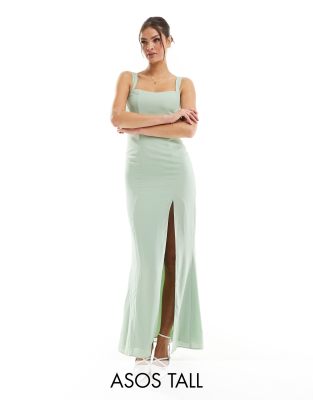 Asos Tall Asos Design Tall Bridesmaid Sweetheart Button Back Detail Maxi Dress In Sage-green