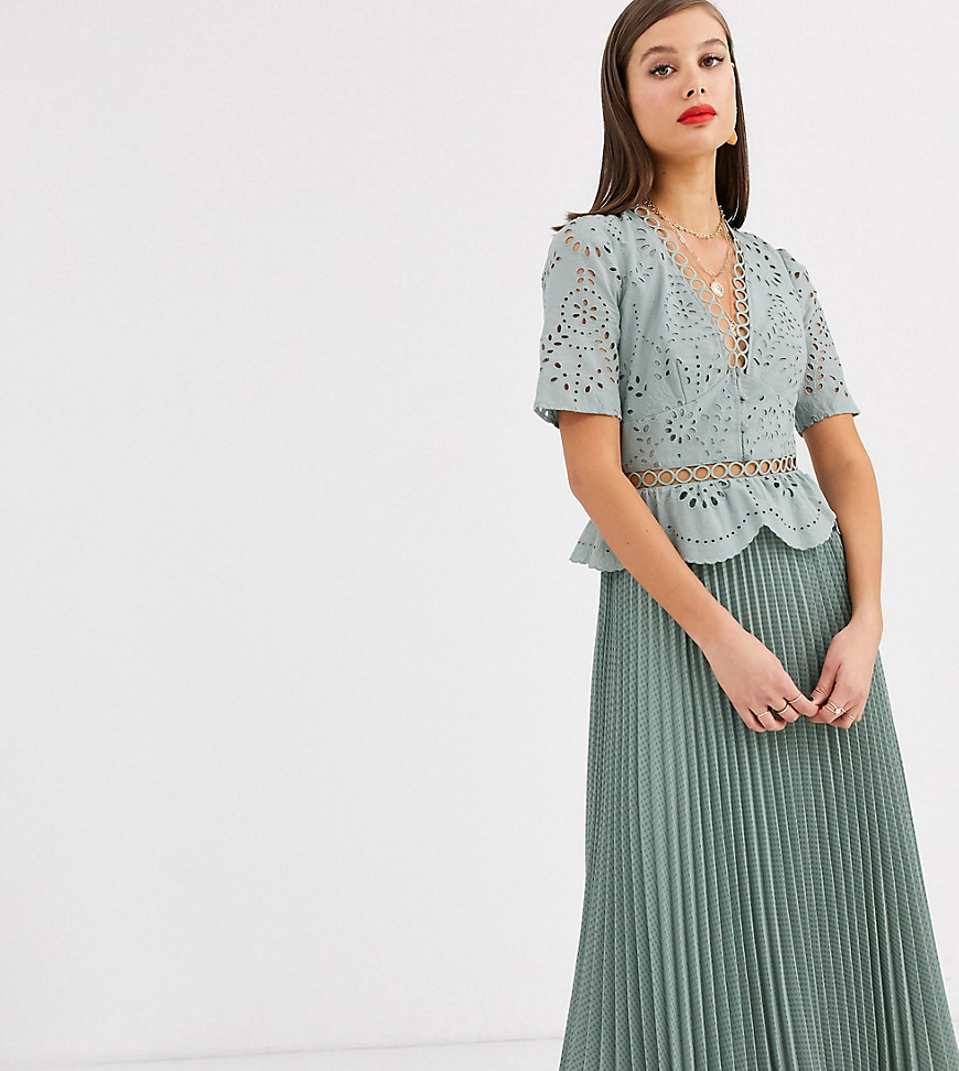 ASOS DESIGN Tall broderie button front pleated midi tea dress in sage green